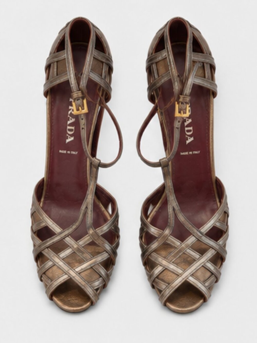 Prada Bronze Metallic Leather Strappy Heels 37.5 Italy Cocktail Sandals